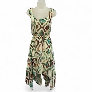 Love Reign XL Teal Brown High Low Hanker Chief Sun Dress Abstract Print Flare